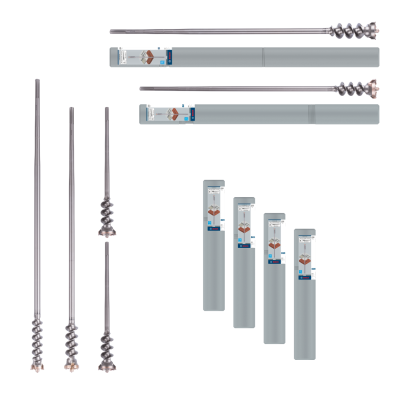 Conjunto de brocas de aço inoxidável com espiral e tubos plásticos de armazenamento cinzentos.