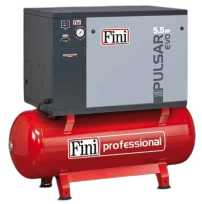 Compressor Fini PULSAR EVO 5,5 HP cinza, preto e vermelho com logo