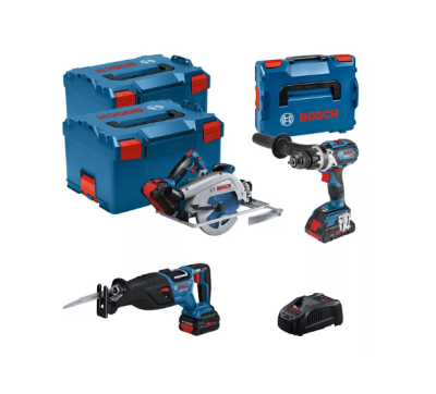 Conjunto de ferramentas eléctricas Bosch em azul e vermelho com caixa de transporte azul.