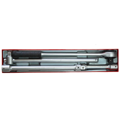 Conjunto de ferramentas metálicas com punho preto em caixa vermelha