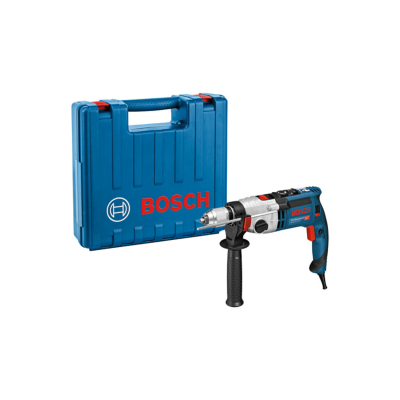 Berbequim elétrico BOSCH com caixa de transporte azul e pega preta