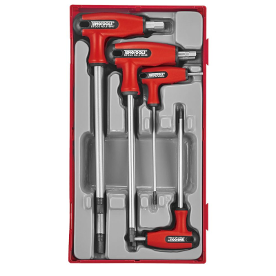 Conjunto de 4 chaves T com punhos vermelhos e pretos em estojo plástico