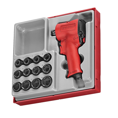 Conjunto de ferramenta pneumática INGCO com pistola de impacto e soquetes em caixa vermelha e cinza