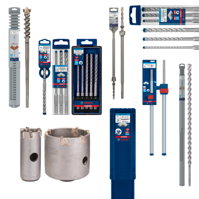 Conjunto de brocas Bosch Expert para martelo em embalagens azuis e cinzas