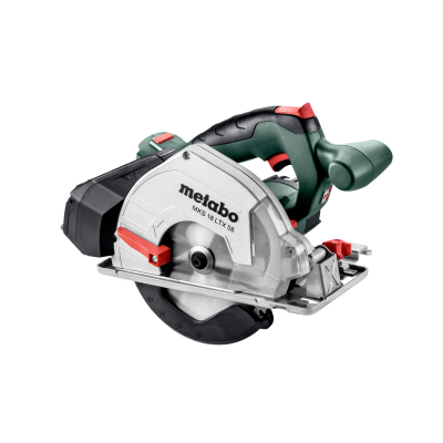 Serra circular sem fios Metabo MKS 18 LTX 58 com bateria e detalhes em vermelho