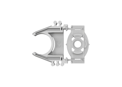 Peça plástica cinzenta articulada vista de cima