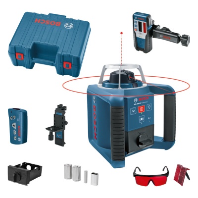 Conjunto de ferramentas Bosch azul com vários acessórios e estojo de transporte.