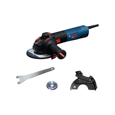 Esmerilhadora angular Bosch Expert azul e preta com acessórios sobre fundo branco.