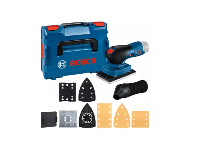 Lixadora Bosch azul com mala de transporte e acessórios.