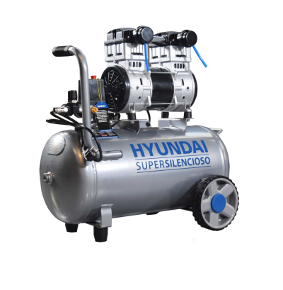 Compressor de ar portátil cinza metálico com rodas e texto HYUNDAI SUPERSILENCIOSO