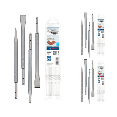 Conjunto de pontas para martelo BOSCH em metal prateado com embalagem branca.