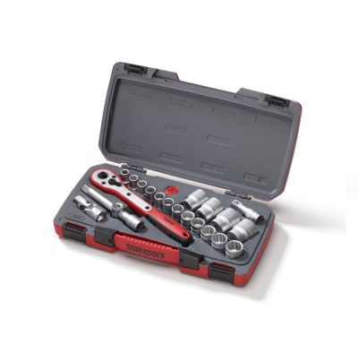 Conjunto de chaves de caixa num estojo aberto cinzento e vermelho