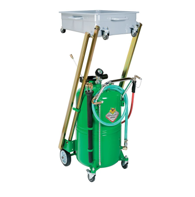 Equipamento metálico verde com rodas e bandeja cinzenta superior