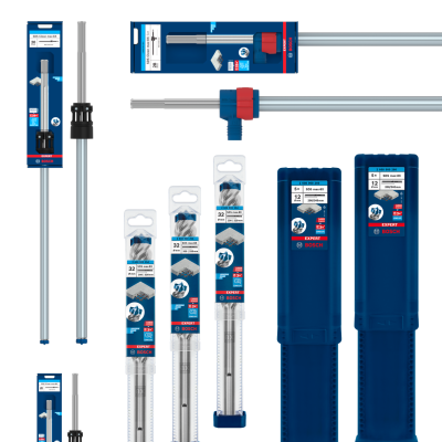 Conjunto de barras e brocas Bosch em embalagem azul e branca com textos e números