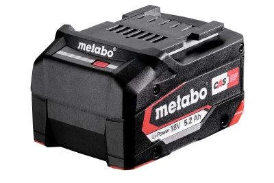 Bateria recarregável Metabo preta com detalhes vermelhos e brancos