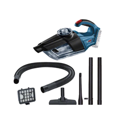 aspirador portátil azul e preto com acessórios