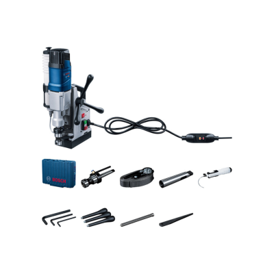 Ferramenta furadeira magnética Bosch azul e cinza com acessórios em fundo branco