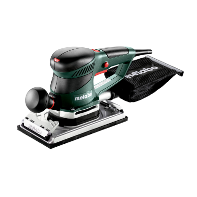 Lixadora elétrica Metabo verde com coletor de pó preto e base metálica