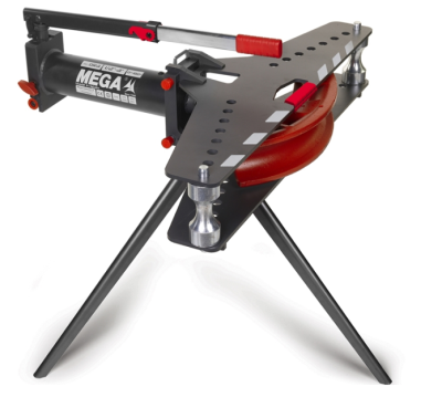 Aparelho preto de encurvar tubos com detalhes vermelhos e base triangular