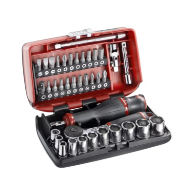 Conjunto de ferramentas de precisão em caixa plástica preta e vermelha