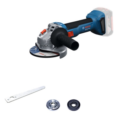 Esmerilhadora Bosch azul e preto com acessórios em fundo branco