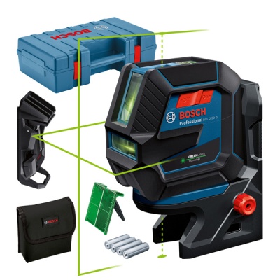 Conjunto de ferramenta Bosch Professional GCL 2-50 C com nivel laser e acessórios em várias cores.