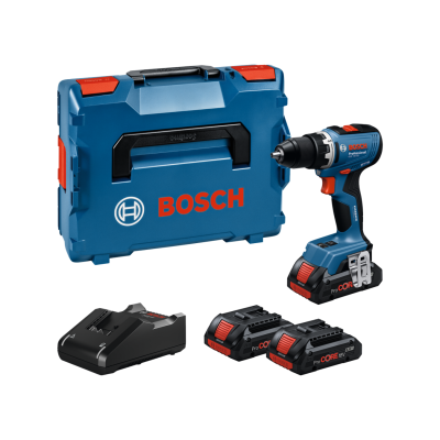 Conjunto ferramenta Bosch Professional com mala azul, parafusadeira, baterias e carregador.