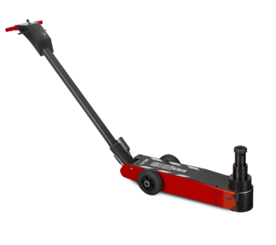 Macaco hidráulico de chão metálico vermelho e preto com rodas e pega