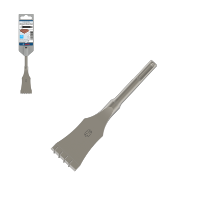 Buril de aço cinzento para argamassa com várias pontas e cabo SDS plus em embalagem Bosch.