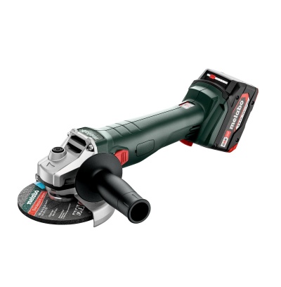 Esmerilhadora a bateria verde escura com disco de corte e pega lateral preta