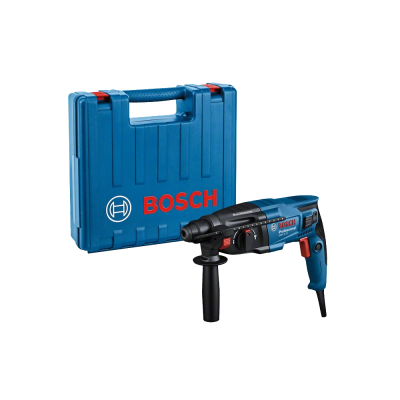 Furadeira elétrica Bosch azul com mala de transporte azul.