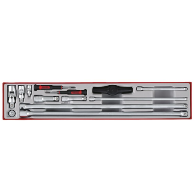 Conjunto de ferramentas metálicas organizadas em suporte retangular