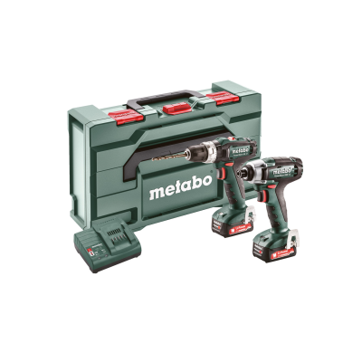 Conjunto ferramentas Metabo com mala verde, duas ferramentas sem fios e carregador