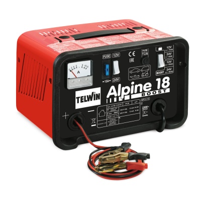 Carregador de baterias TELWIN Alpine 18 BOOST vermelho e preto com cabos e garras