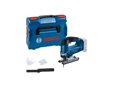 Conjunto serra vaivém Bosch azul preto com caixa e acessórios, fundo branco