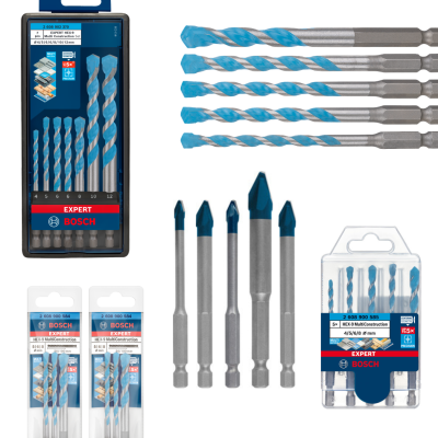 Conjunto de brocas Bosch Expert HEX-9 Multi Construction em várias embalagens.