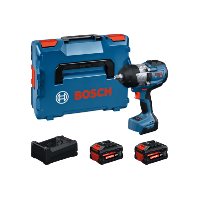 Conjunto de ferramenta Bosch com mala azul, chave de impacto e dois acumuladores