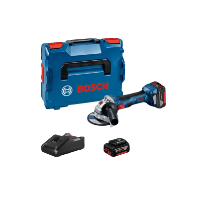 Conjunto de ferramenta elétrica Bosch com mala azul, rebarbadora, bateria e carregador