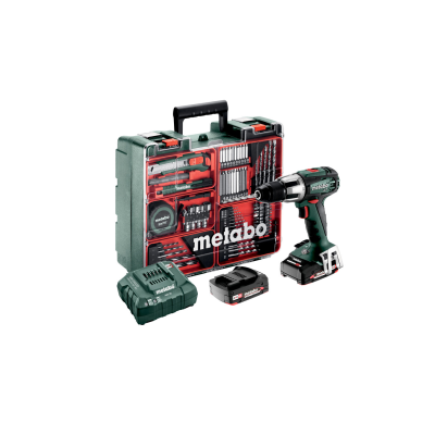 Conjunto de ferramenta Metabo com furadeira, bateria, carregadores e caixa com acessórios