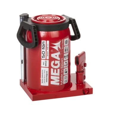 Macaco hidráulico vermelho com base quadrada e alças pretas