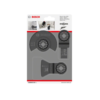 Conjunto de lâminas de corte Bosch em embalagem transparente e cartão.