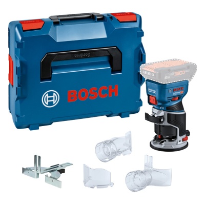 Conjunto de ferramenta Bosch com caixa azul, mini fresadora e acessórios.