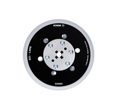 Plato de lija redondo negro y gris con texto BOSCH, SOFT-125, EXPERT.