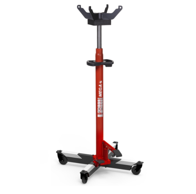 Suporte mecânico para carro vermelho e cinza com rodas e suportes ajustáveis