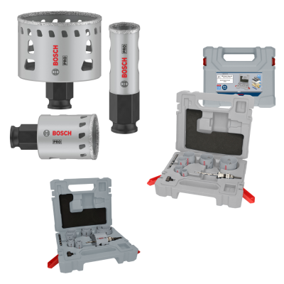 Kit de brocas de corona BOSCH PRO cinza e preto em estojo cinza com fechos vermelhos