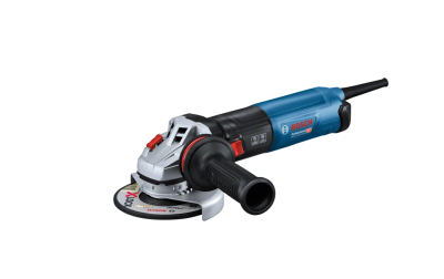 Esmeriladora angular BOSCH azul e cinza com punho lateral e cabo preto