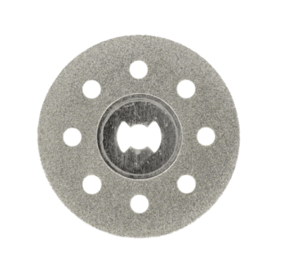 Disco circular cinzento com orifícios e centro metálico