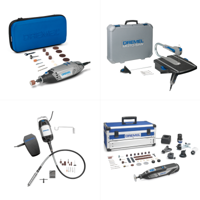 Conjunto de ferramentas Dremel com ferramenta rotativa, acessórios variados e caixas de armazenamento.
