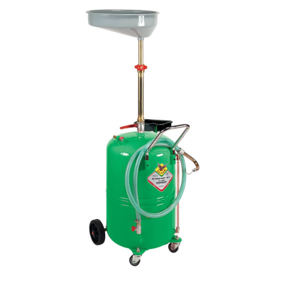 Dispositivo recolha óleo usado metal verde com funil cinzento e rodas