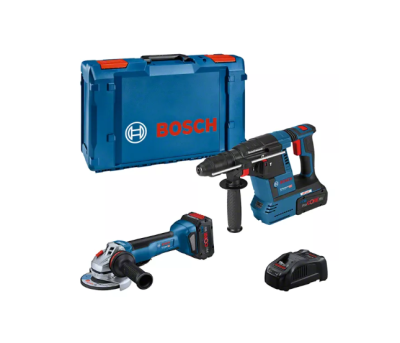 Conjunto ferramentas Bosch com berbequim, rebarbadora, bateria e mala azul